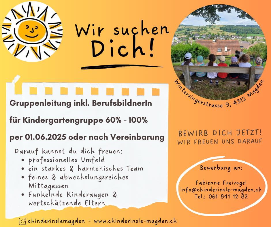 GruppenleiterIn (Kindergartengruppe) und BerufsbildnerIn, 60-100%, Magden