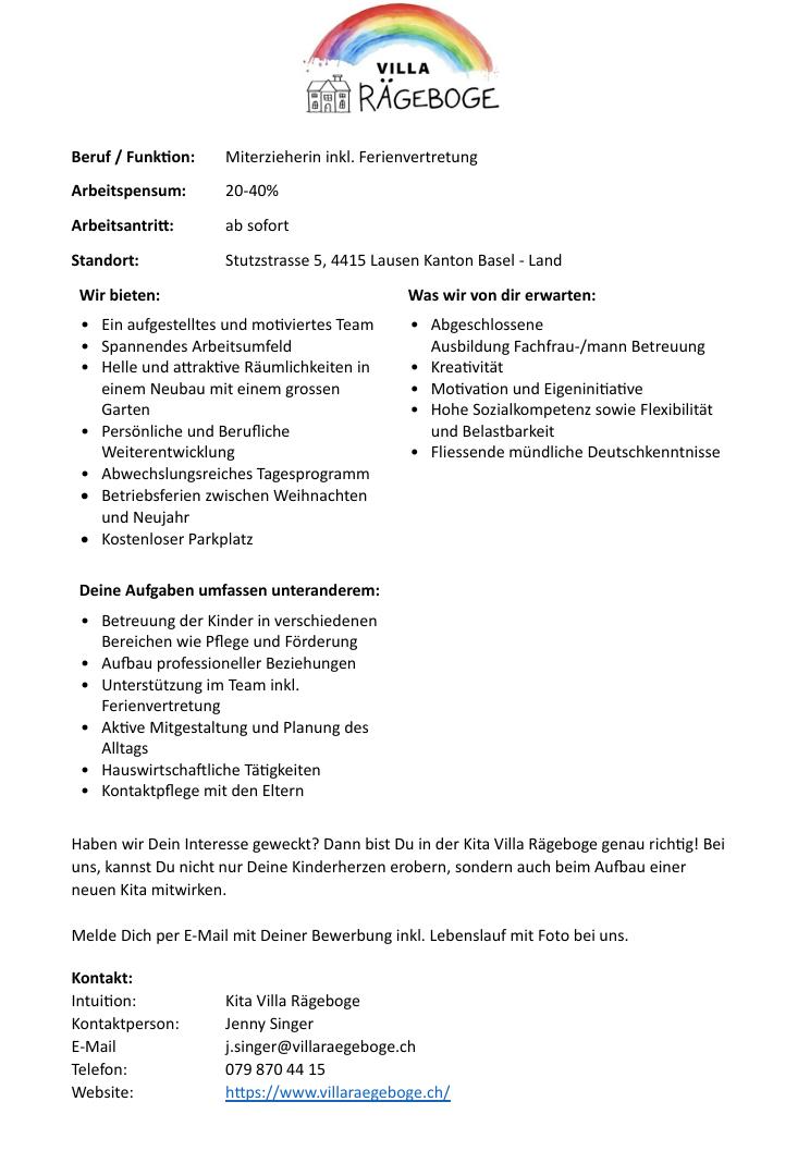 Teilzeitjob als Miterzieherin inkl. Ferienvertretung, 20-40%, Lausen BL