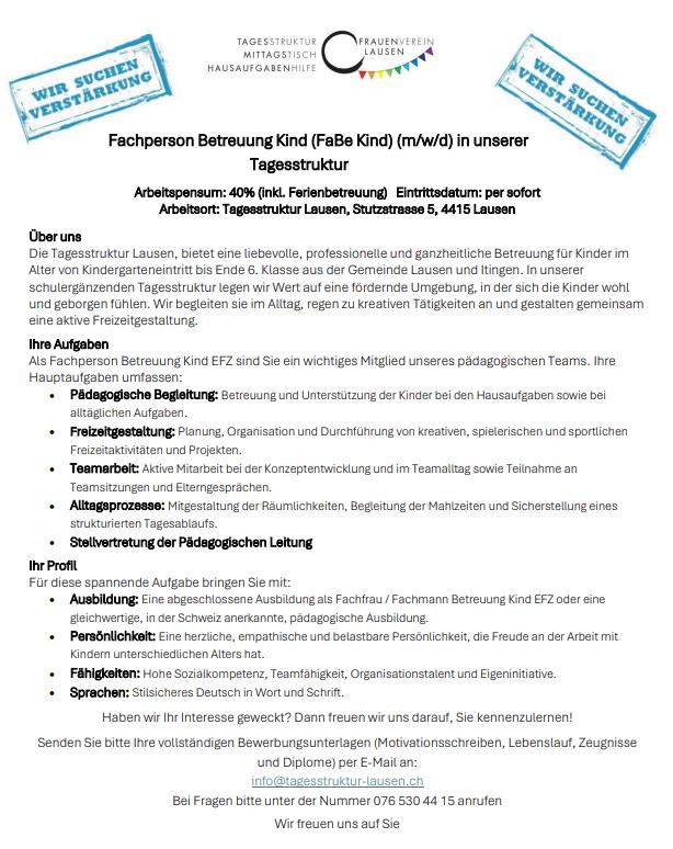 FaBe Kinderbetreuung Teilzeitjob, 40%, Lausen BL