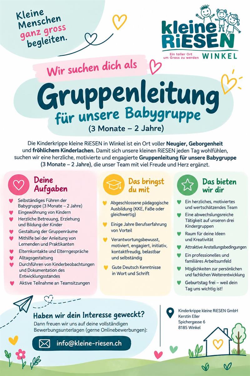 Kita Gruppenleitung Stelle (Babygruppe), 100%, Winkel, neben Bülach